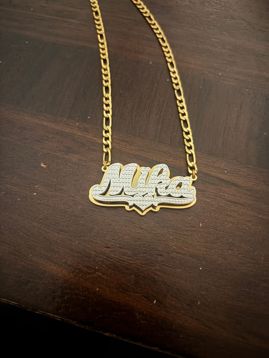 Customer photo review of Double Plated Pop Out Heart Name Necklace w/ Figaro Chain