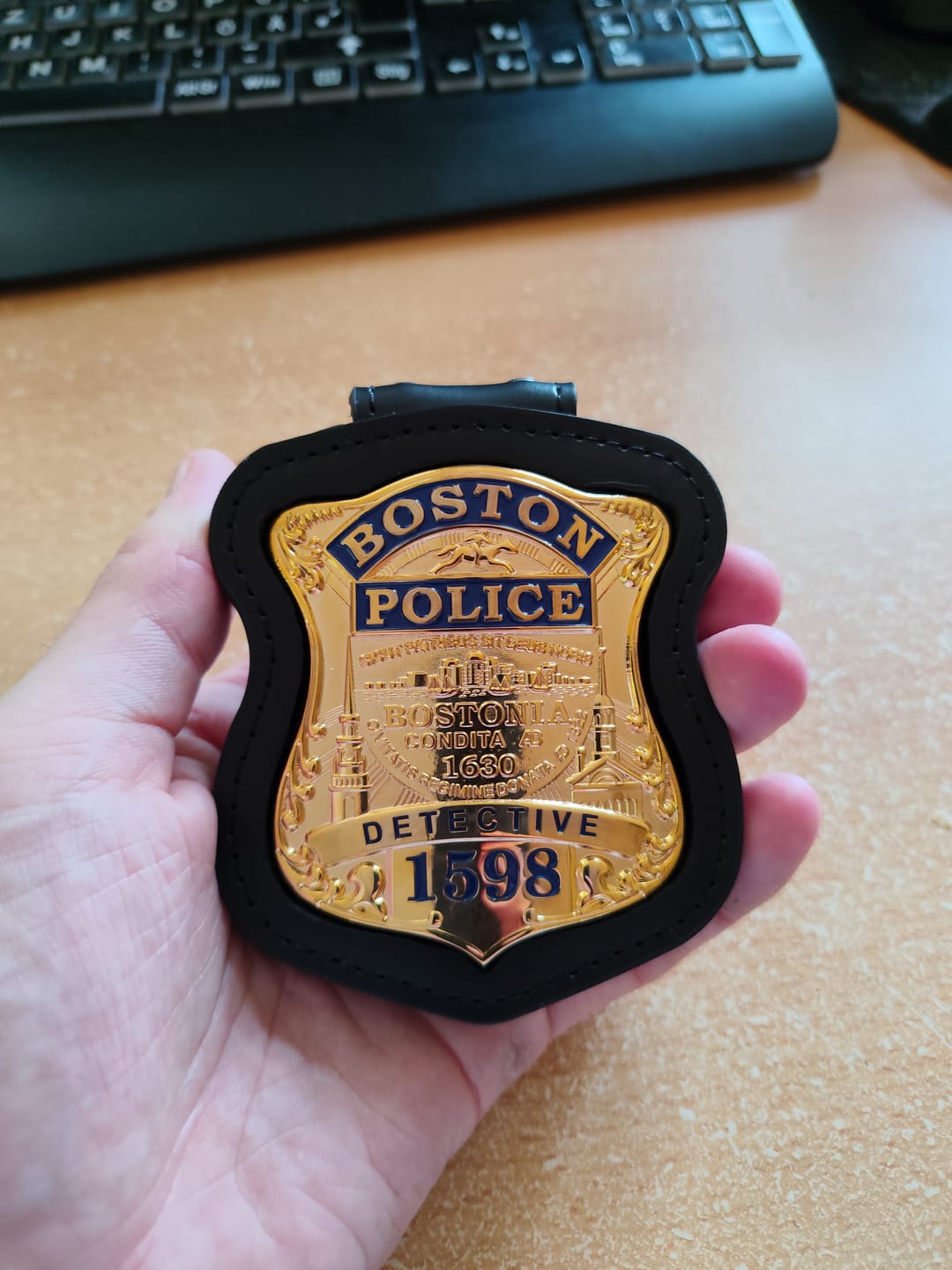 Customer photo review of Boston Police Detective Badge Solid Copper Replica Movie Props With Number 1598