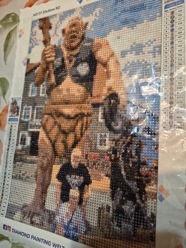 Reviewer's unfinished Diamond Painting eigenes Bild canvas featuring a fantasy giant and a person