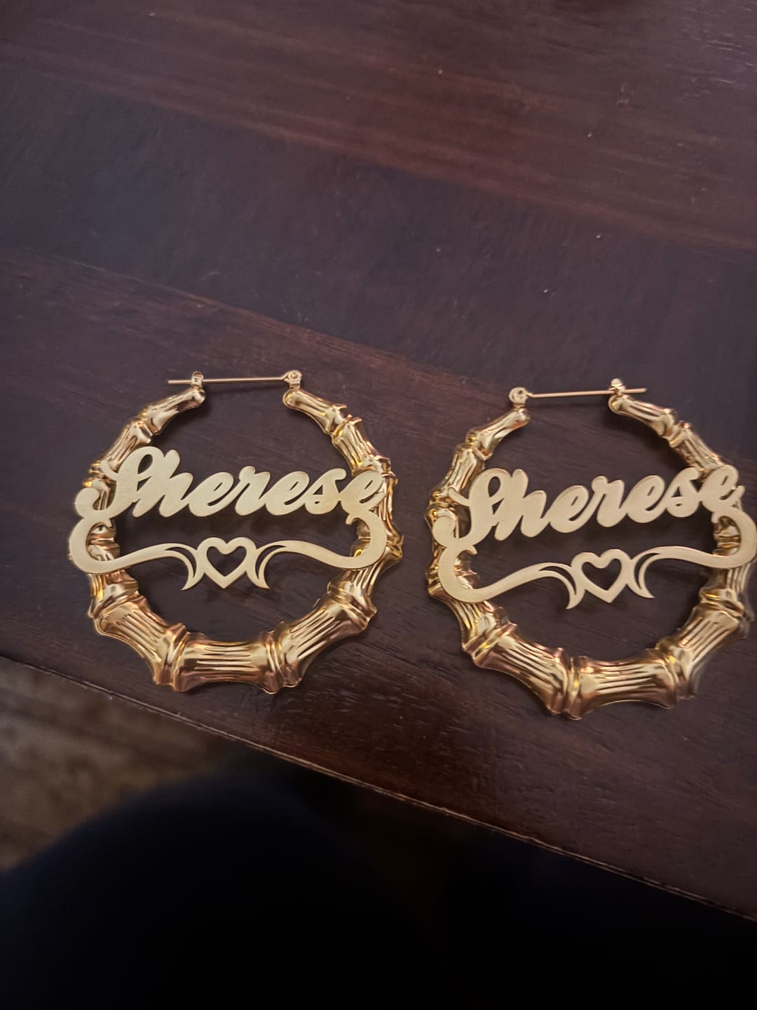 Customer photo review of Heart Outline Bamboo Name Hoop Earrings