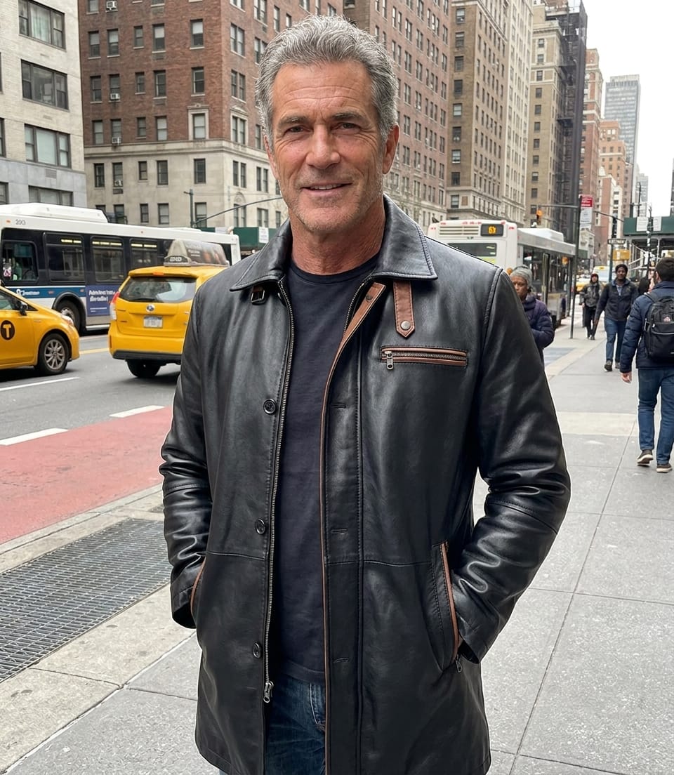 Customer photo review of Men's Black Leather Overcoat — Mid-Length Car Coat Style