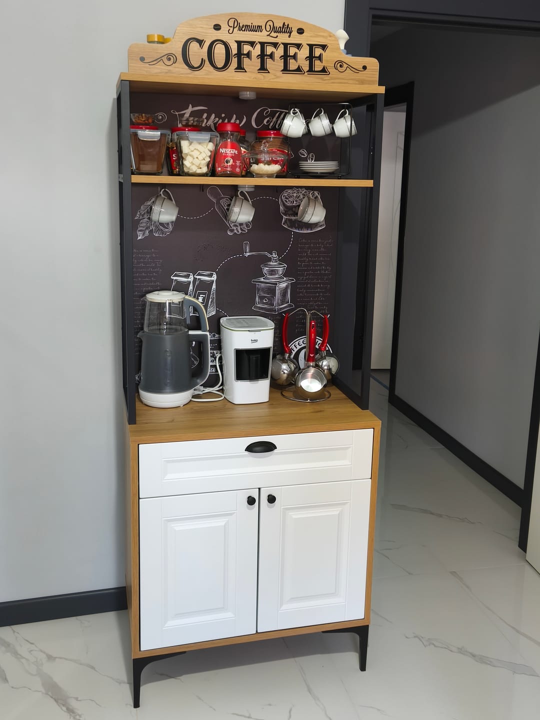 Customer photo review of Rani JE157 Işıklı Kahve Köşesi Membran Kapaklı Çekmeceli Çok Amaçlı Mutfak Dolabı Sepet Ceviz - Beyaz