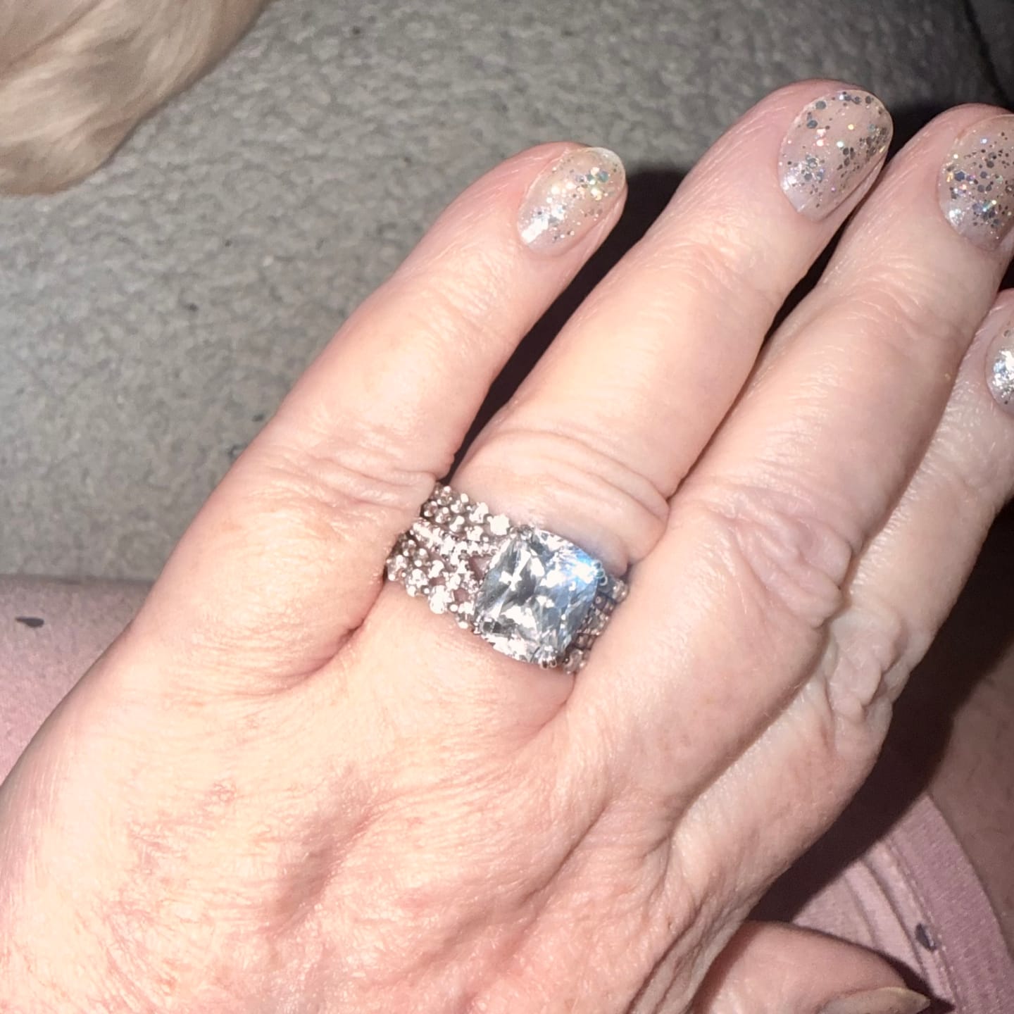 Customer photo review of S925 7.0Ct/4.0Ct Split Shank Cushion Cut Engagement Ring 18K White Gold Plated Travel Rings with Pavé Accents