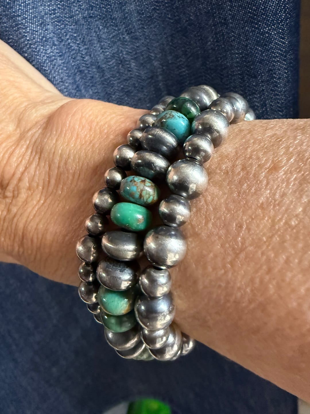Customer photo review of Handcrafted Turquoise & Sterling Silver Saucer Bead Stretch Bracelet