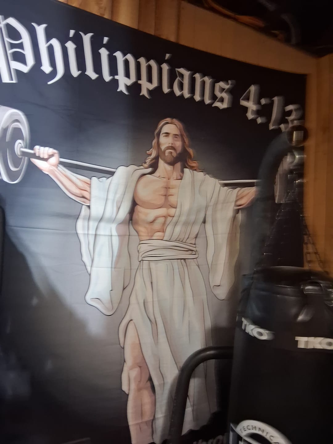 Customer photo review of Philippians 4:13 Jesus and Barbell Gym Flag 11284