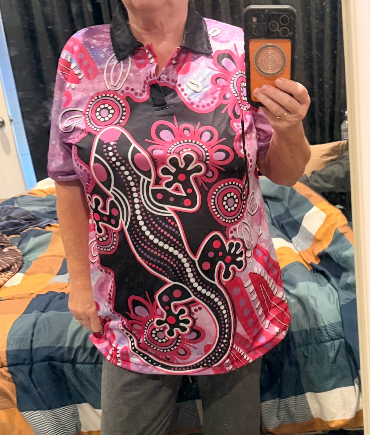 Customer photo review of Australia Polo Shirt Aussie Opal Pattern With Lizard Aboriginal Art - Pink LT14