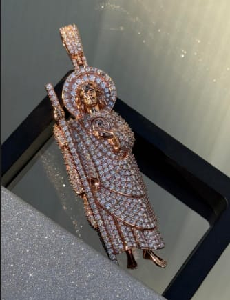 Customer photo review of Iced Out VVS Moissanite San Judas Full Body S925 Silver Pendant