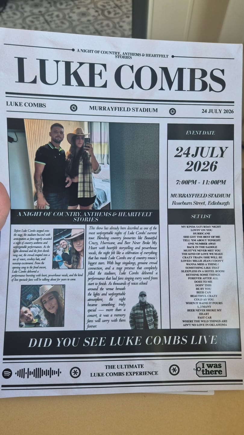 Customer photo review of Luke Combs - Personalised Newspaper Style Concert Poster