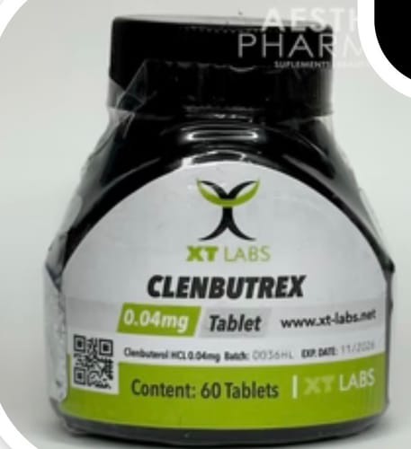 Customer's black bottle of Clembutrex XT Labs tablets, showing label with name, dosage, and content details.