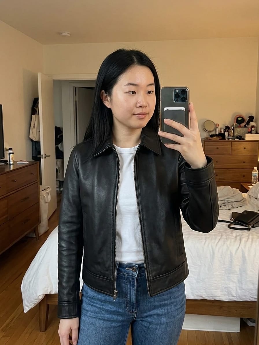 Customer photo review of Women's Classic Black Harrington Leather Jacket