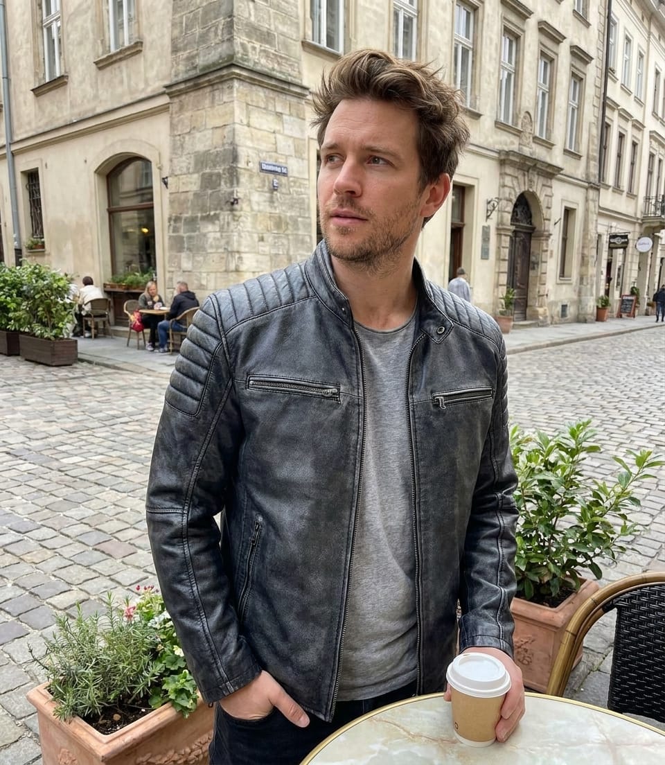 Customer photo review of Men’s Washed Black Distressed Leather Biker Jacket