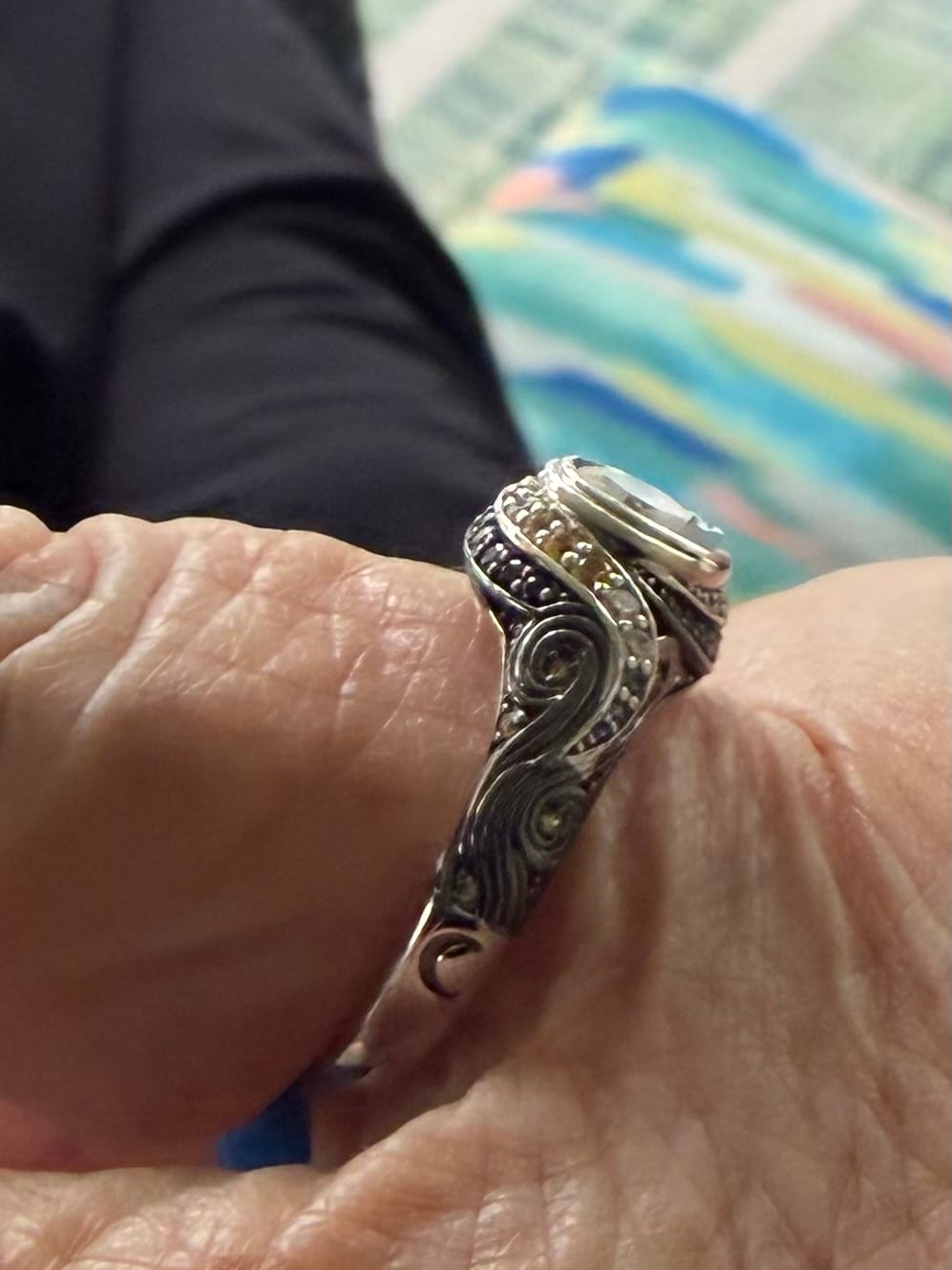 Customer photo review of "The Starry Night" Inspired Bezel Moissanite Blue & Yellow Sapphire Engagement Ring