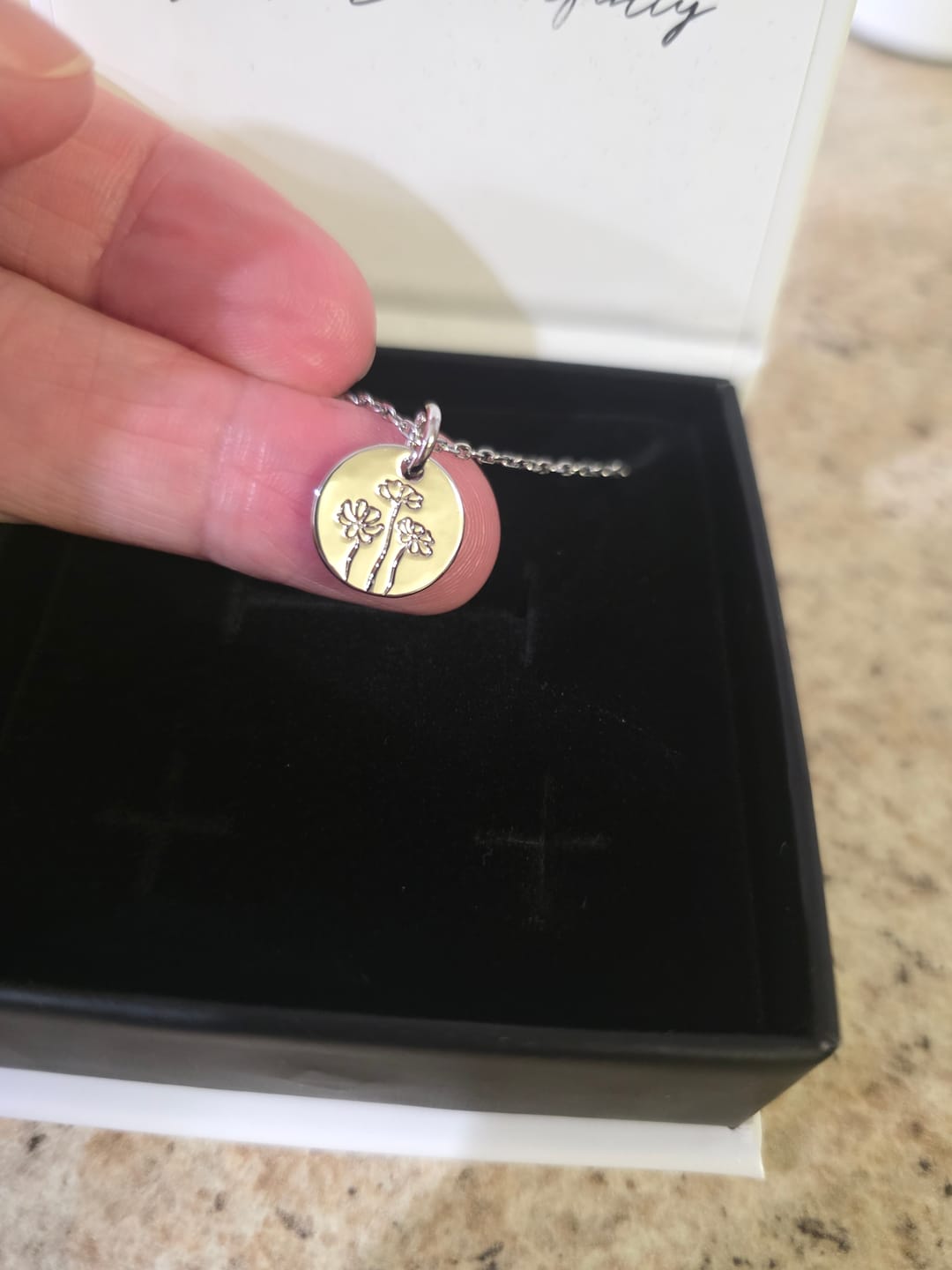 Customer photo review of Floral 18k White Gold Plated Engraved Birth Month Flower Pendant Necklace