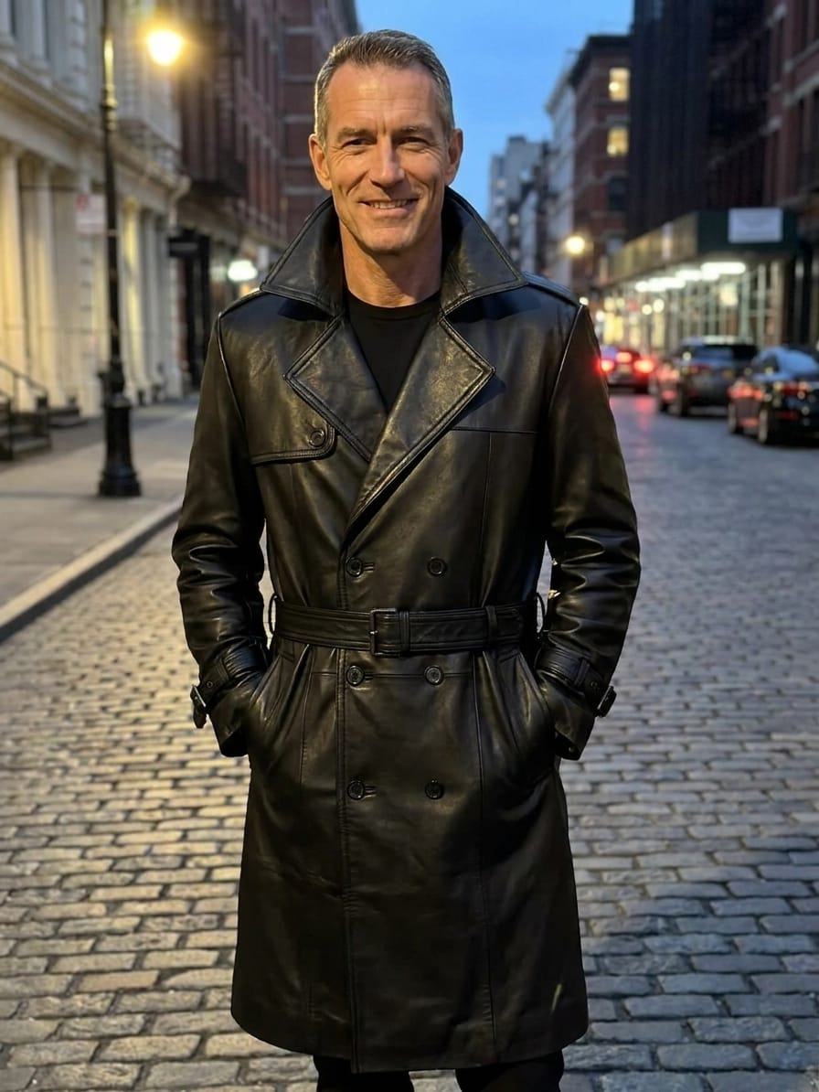 Customer photo review of Mens Belted Double Breasted Black Leather Trench Coat