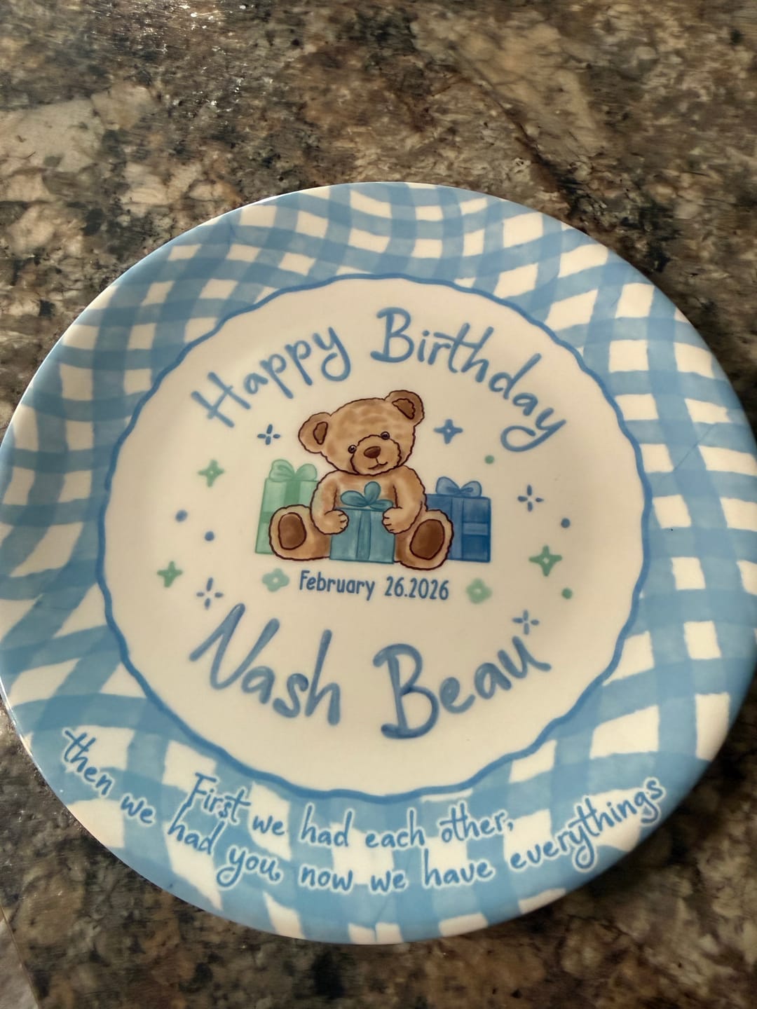 Customer photo review of Blue Teddy Bear Birthday Keepsake Personalized Birthday Plate for Baby Boy P625FJ00