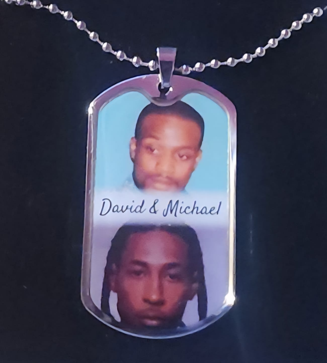Customer photo review of Custom Name and 2 Photos Memorial Dog-tag Necklace Gift