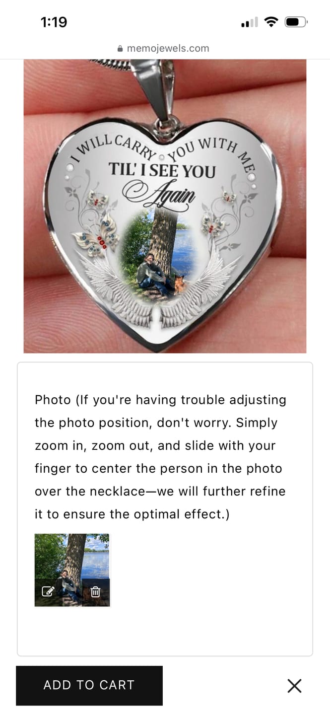 Customer photo review of Custom Photo Memorial Necklace/Keychain "I Will Carry You With Me” - N001