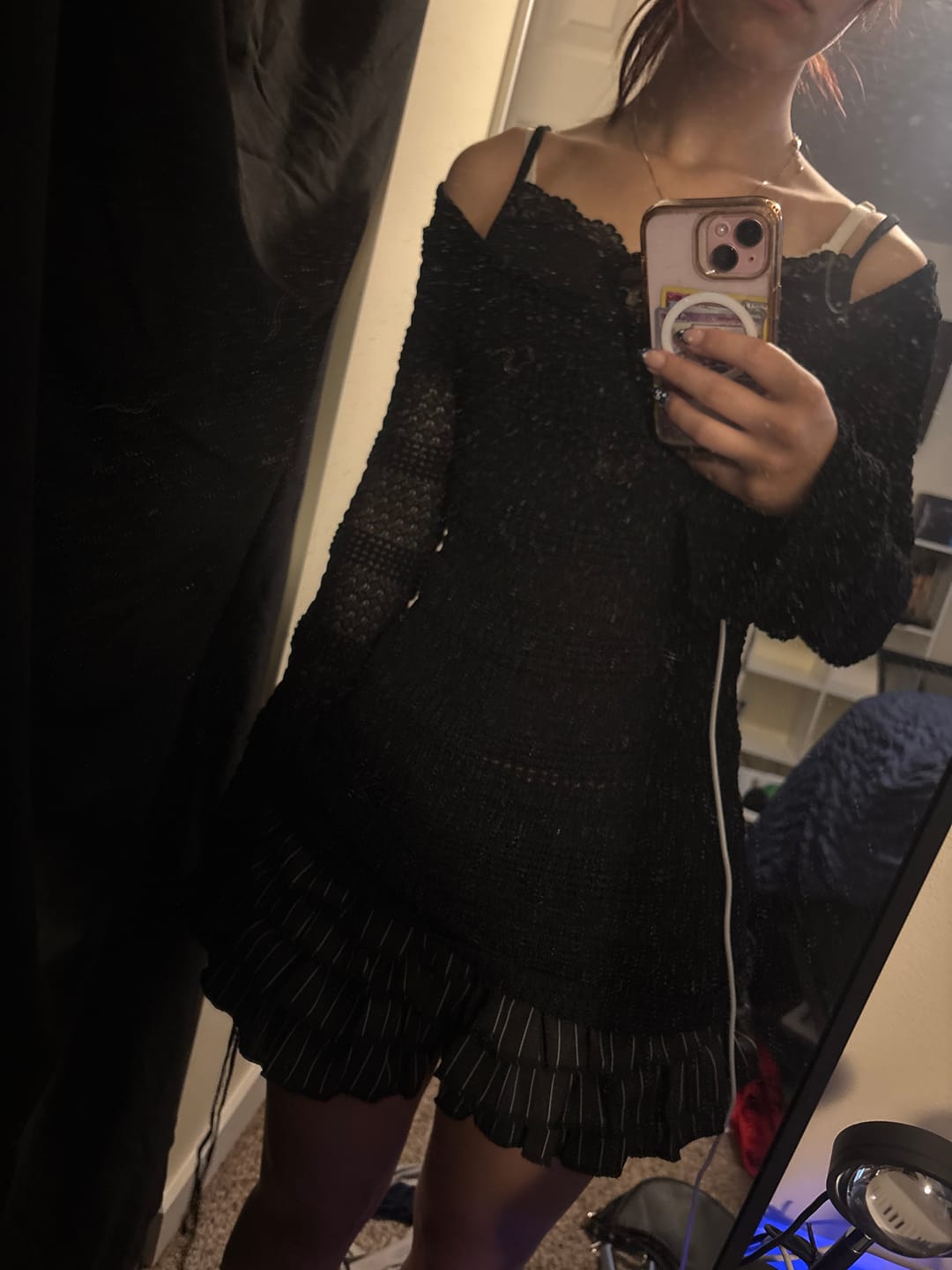 Customer photo review of Ardis Dark Layering Crochet Knit Dress Top + Lace Cami Set