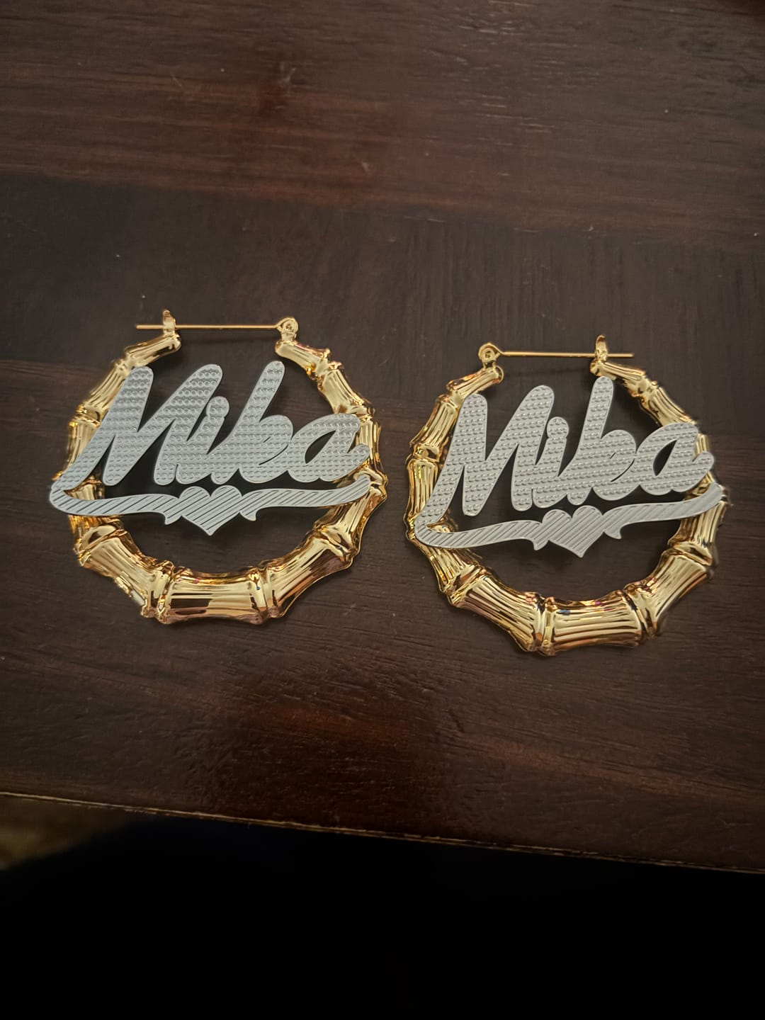 Customer photo review of Double Plated Bamboo Name Hoop Earrings