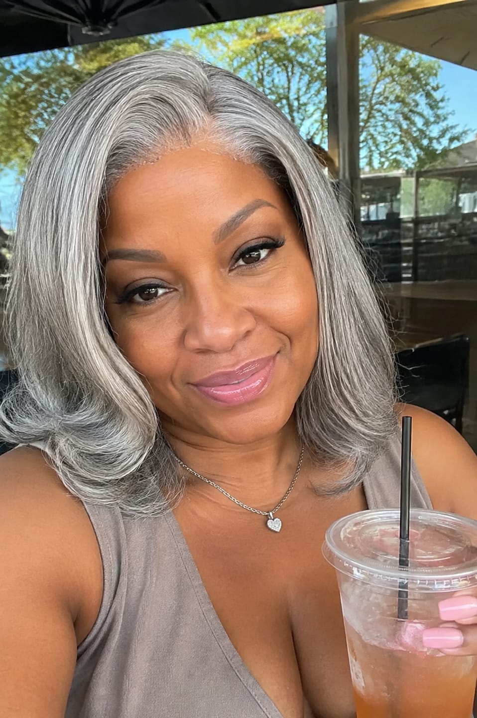 Customer photo review of Luvwin 5x5 Salt And Pepper Glueless Gray Color Pre-Cut Lace Layered Cut Straight Bob Wig 100% Human Hair