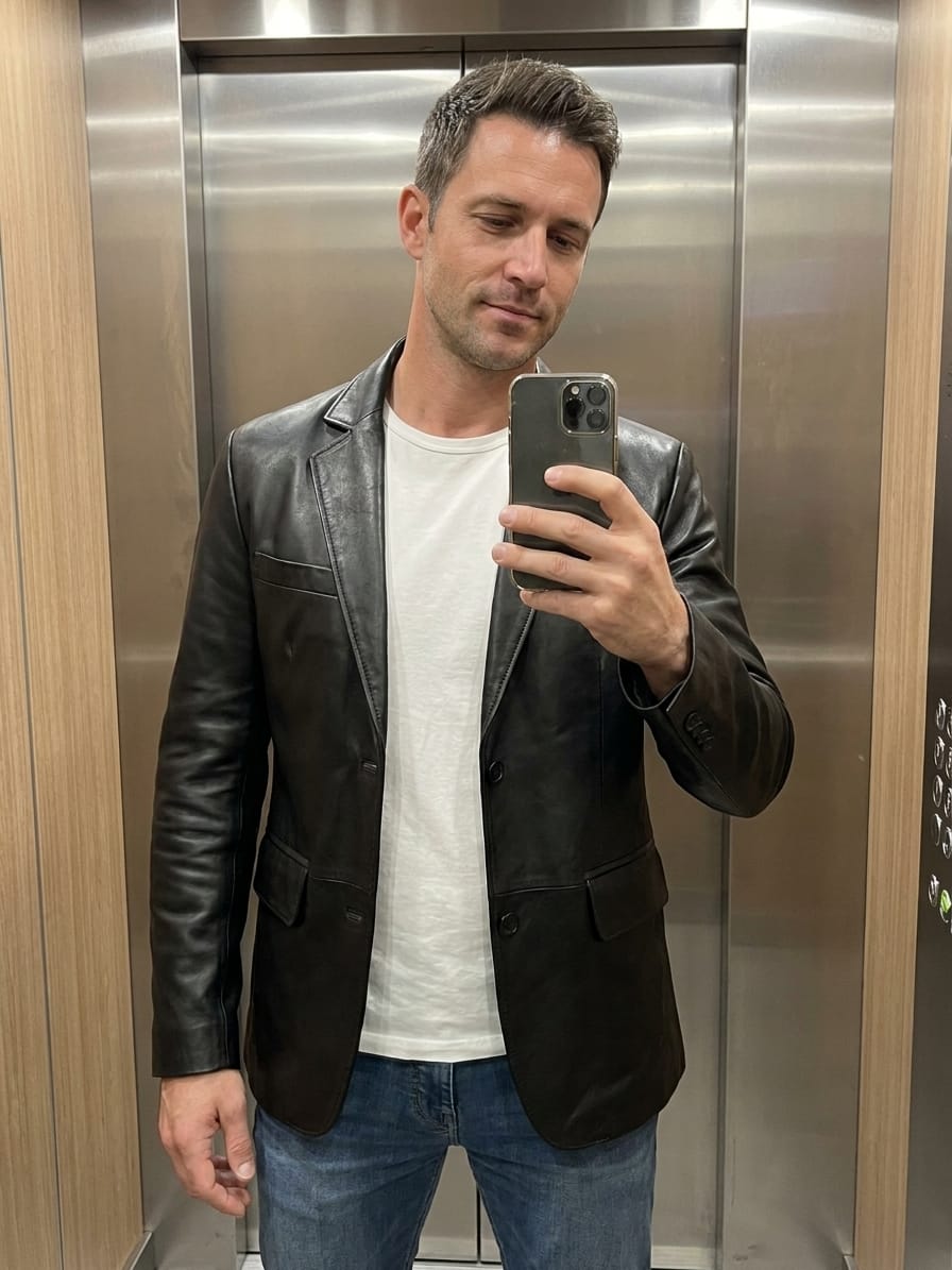Customer photo review of Men's Black Two-Button Leather Blazer