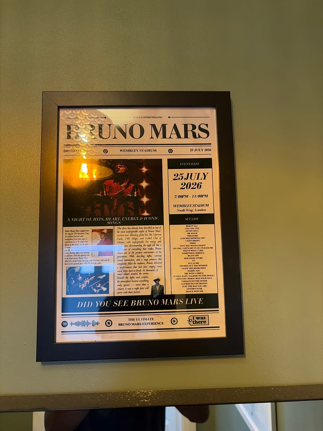 Customer photo review of Bruno Mars - Personalised Newspaper Style Concert Poster