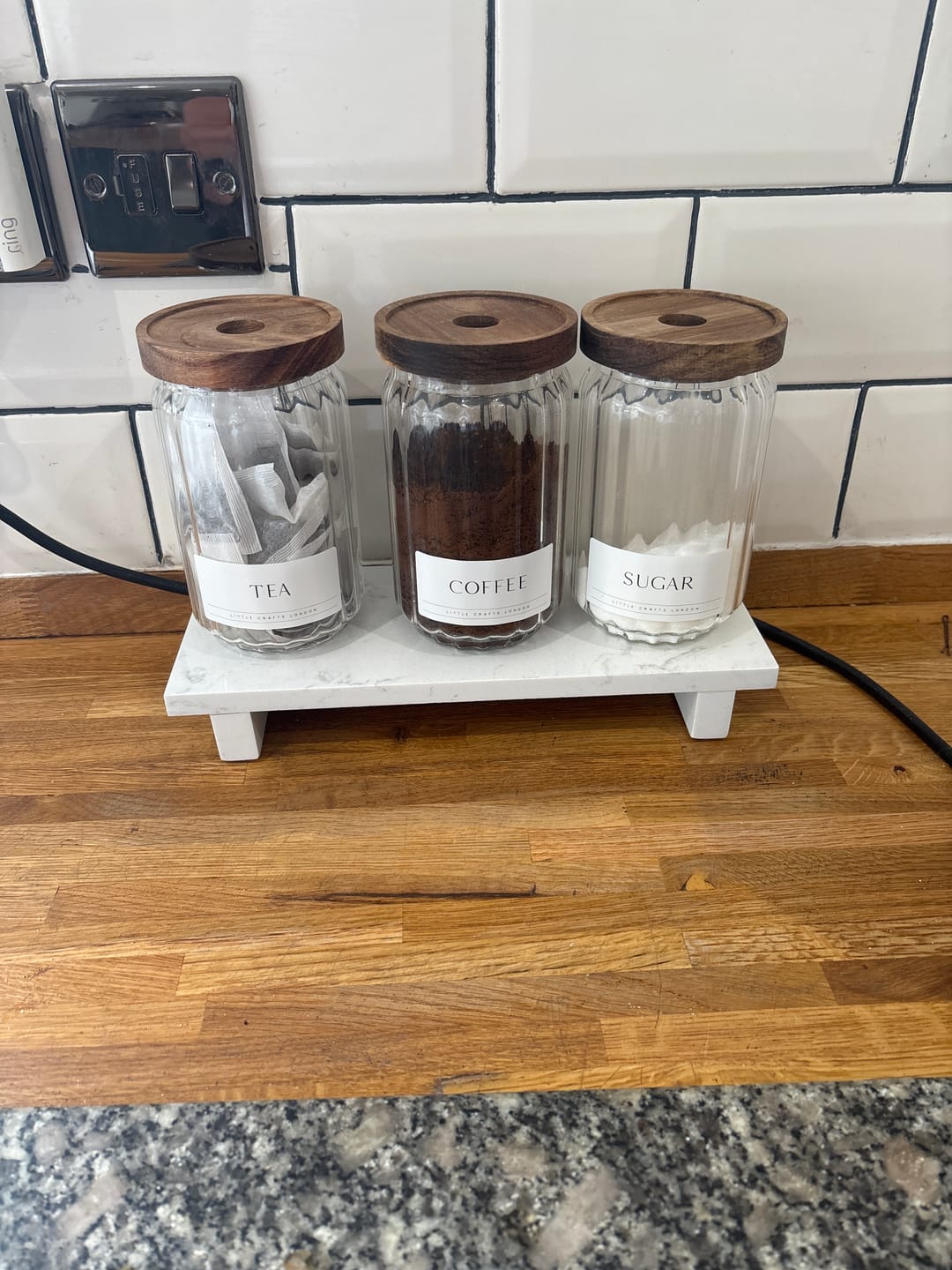 Customer photo review of Ribbed Set of 3 Acacia Glass Jars Tea, Coffee and Sugar 750 ML & Rectangle Tray