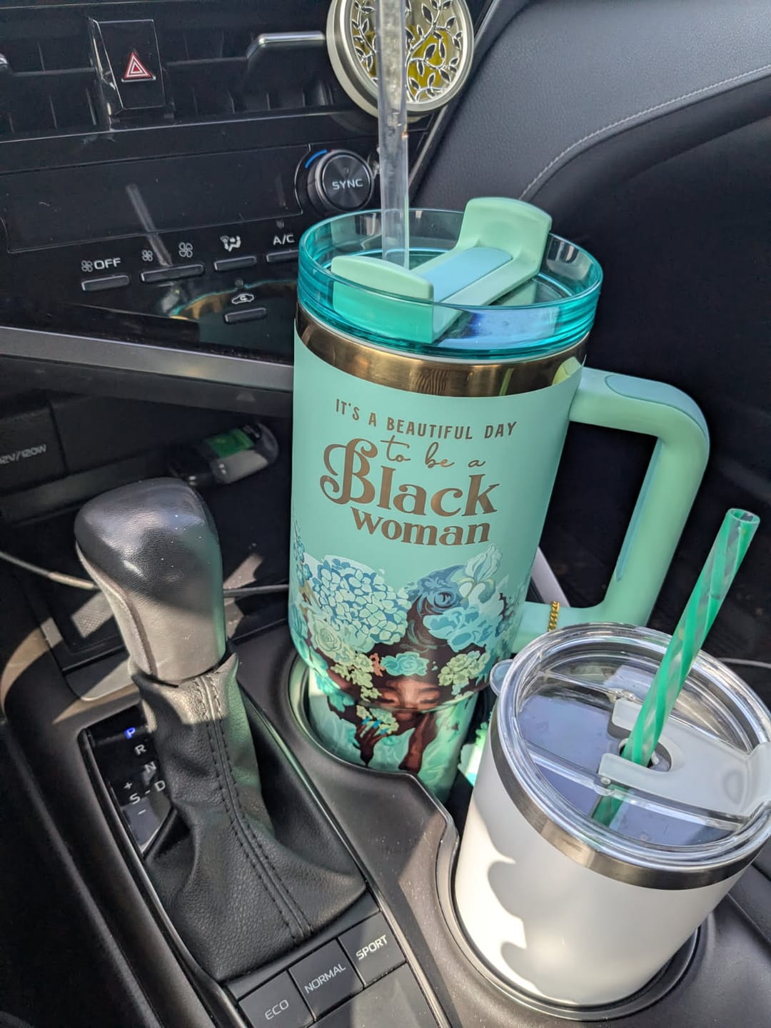 Customer photo review of Tiffany Blue "Royalty Blossomed" FlowSip™ Insulated Tumbler – It's a Beautiful Day to Be a Black Woman