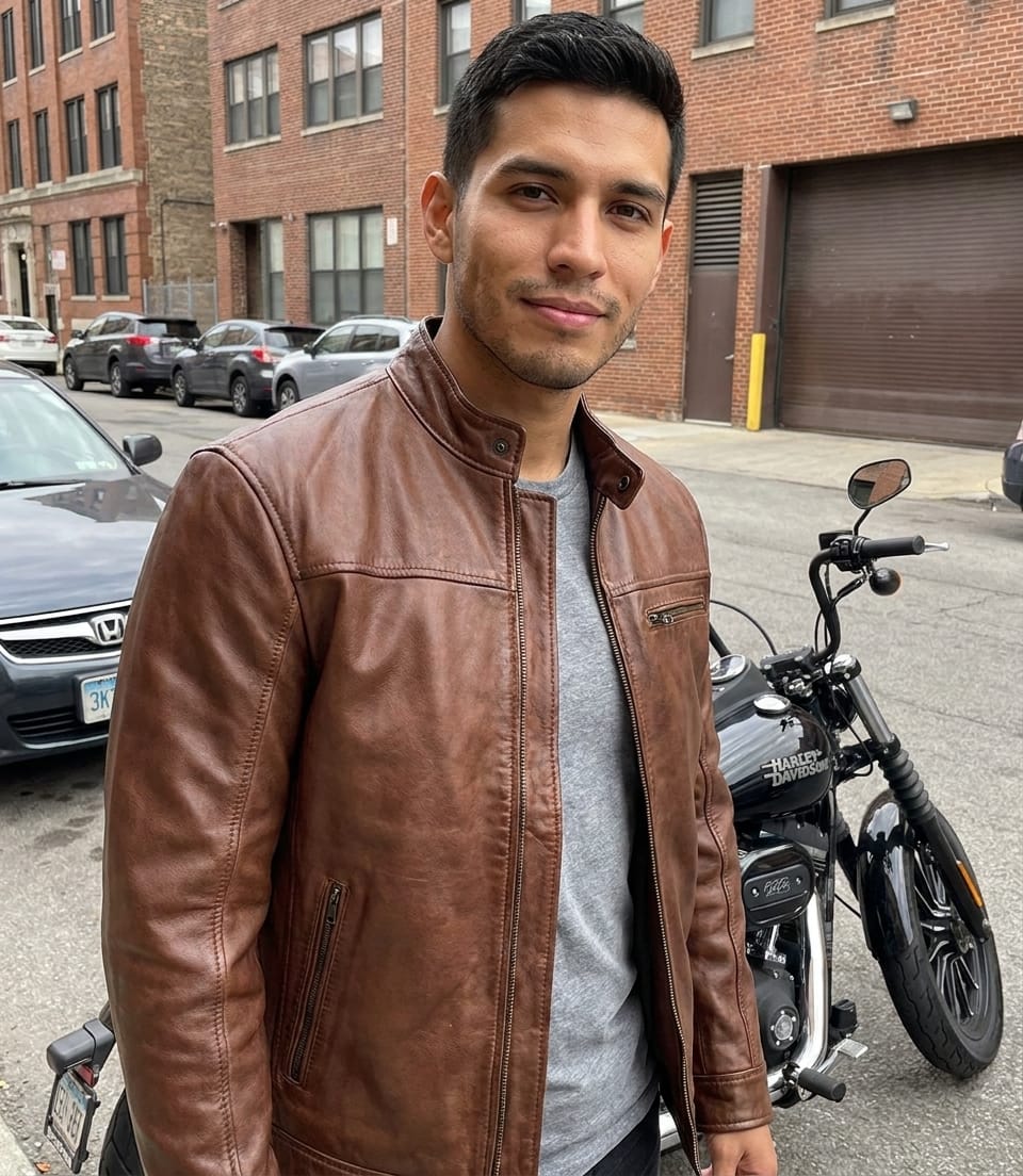Customer photo review of Bickford Men's Cognac Brown Real Leather Biker Jacket