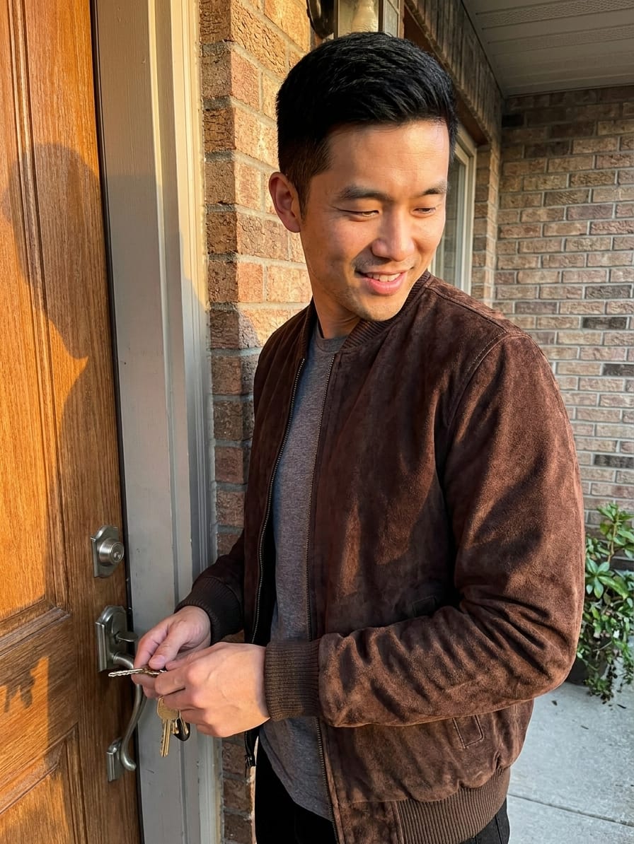 Customer photo review of Men's Dark Brown Suede Bomber Jacket