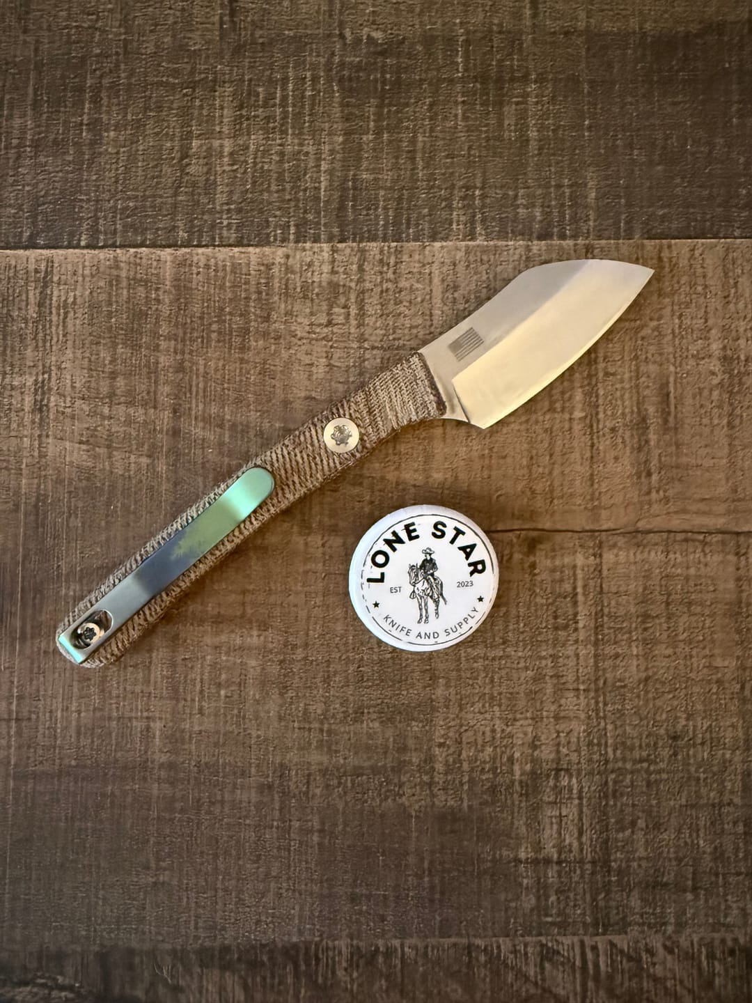 Customer photo review of Hellbender Blade Co. Newt 2" Fixed Blade – Natural Micarta, MagnaCut Satin Sheepsfoot, Kydex Sheath – Made in USA