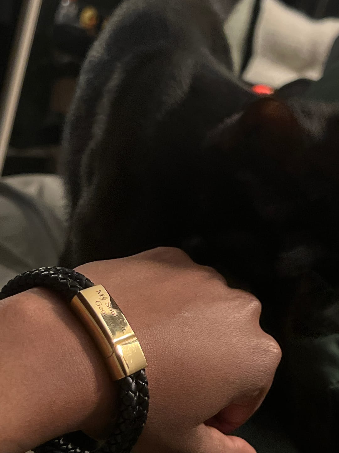 Customer photo review of Engraved Leather Bracelet