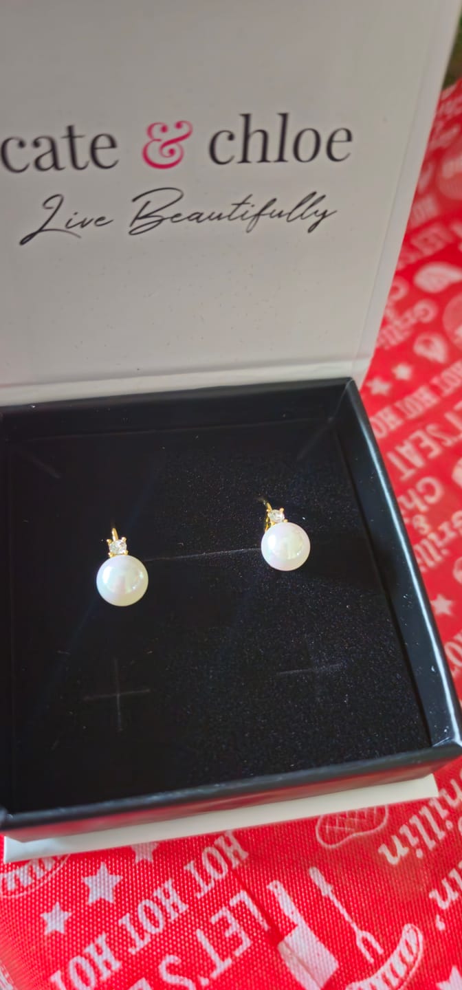 Customer photo review of Cassie 18k White Gold Plated Pearl Drop Earrings with Swarovski Crystals