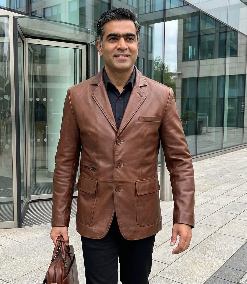 Customer photo review of Eliseo Men's Cognac Three Button Leather Blazer