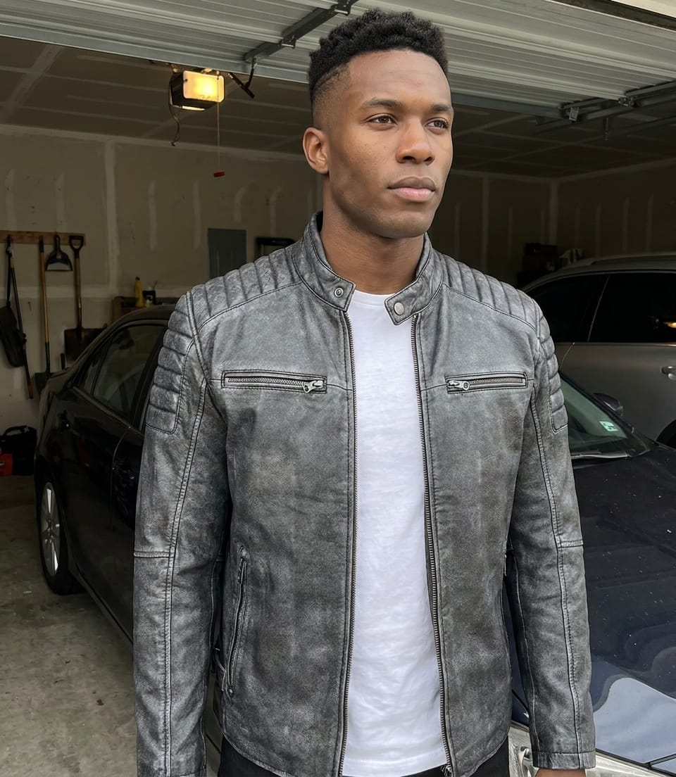 Customer photo review of Men’s Washed Black Distressed Leather Biker Jacket