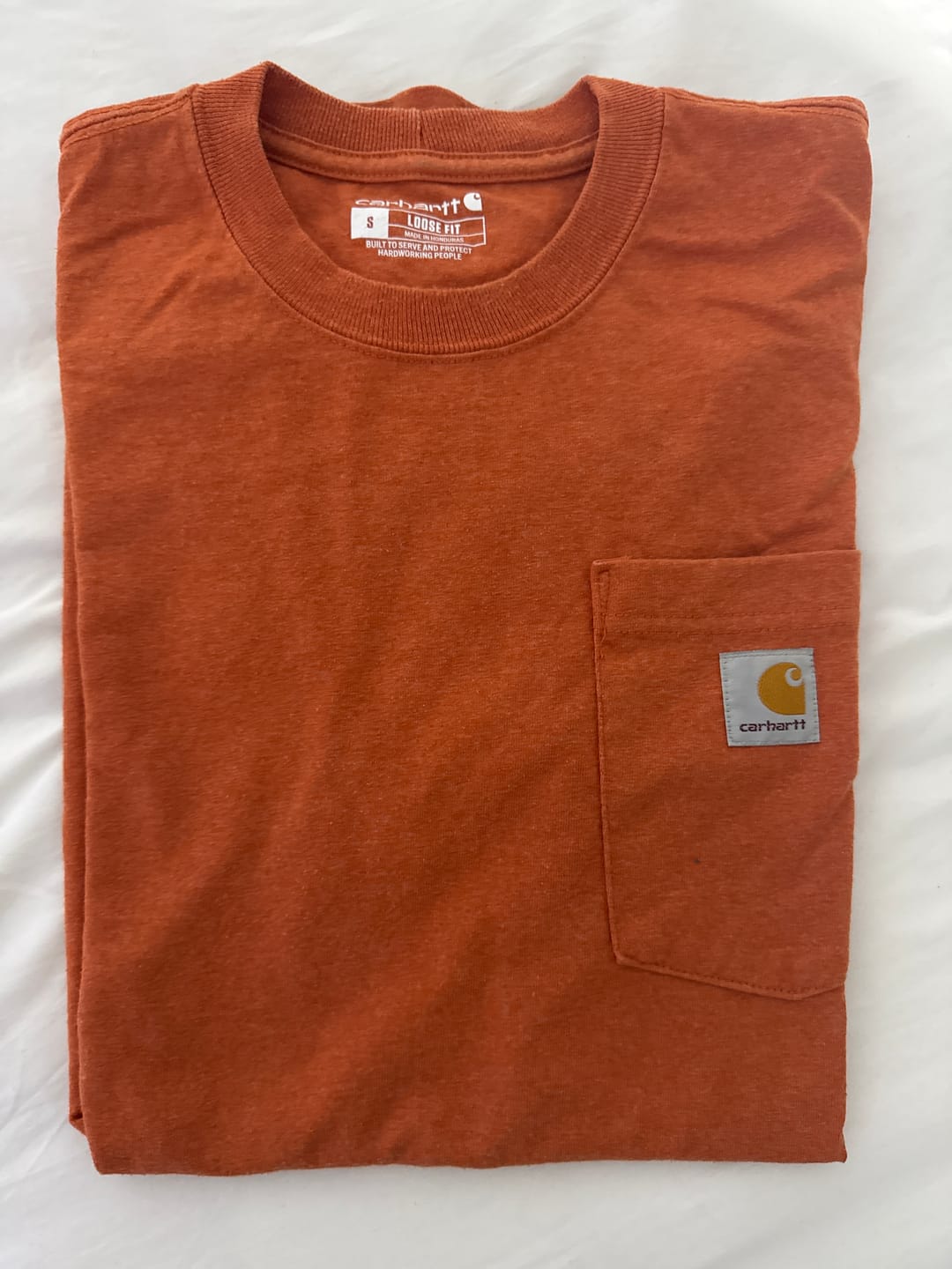Customer photo review of Vintage Orange Carhartt Pocket Tee (S)