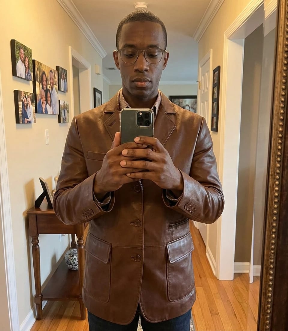 Customer photo review of Eliseo Men's Cognac Three Button Leather Blazer