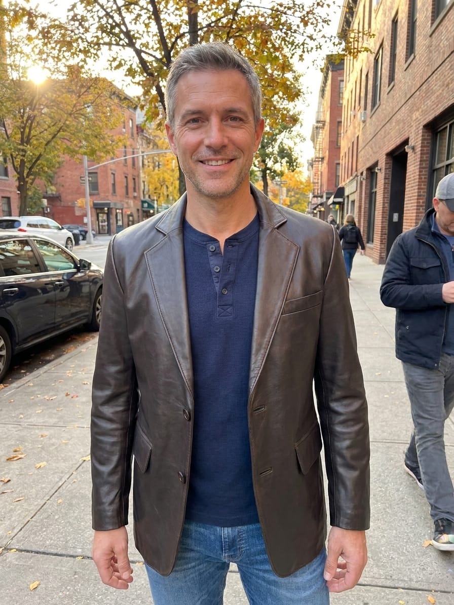 Customer photo review of Men's Rub-Off Brown Leather Blazer