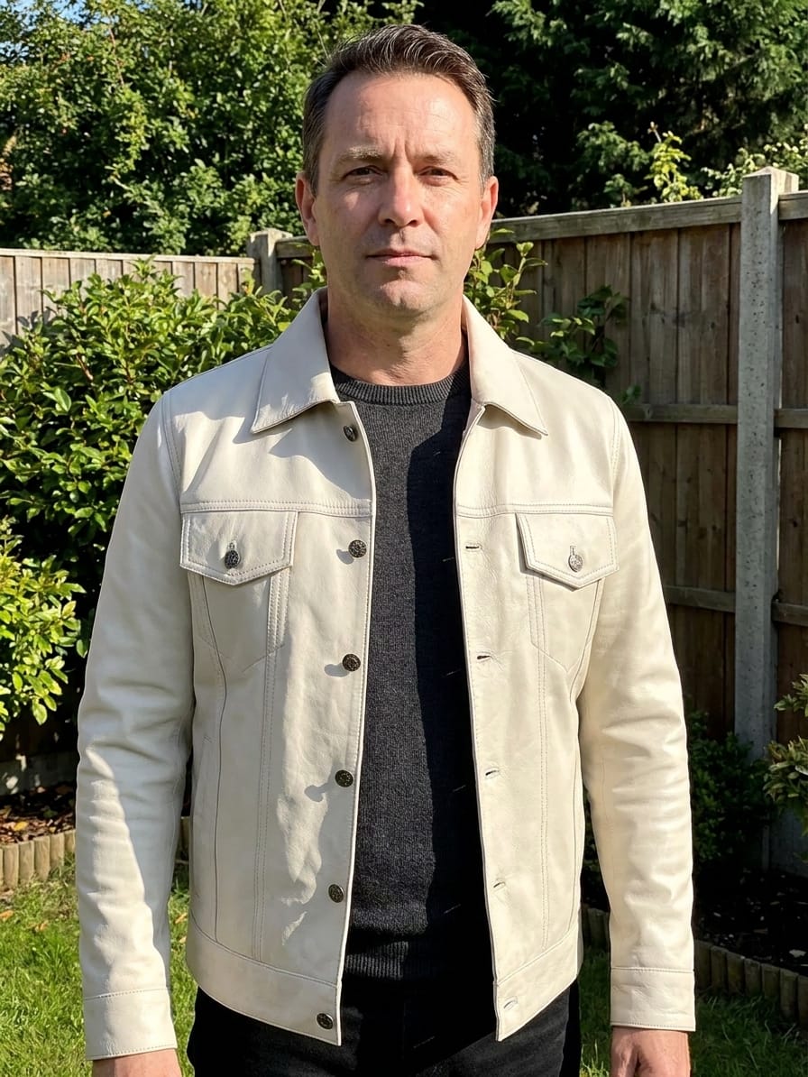 Customer photo review of Fernando Men's Off White Leather Trucker Jacket