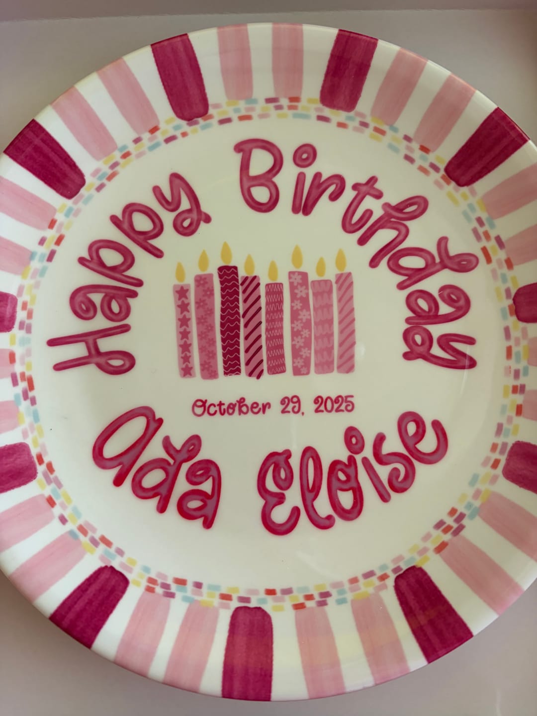Customer photo review of Pink Stripe Candle Personalized Birthday Plate P29F6C0