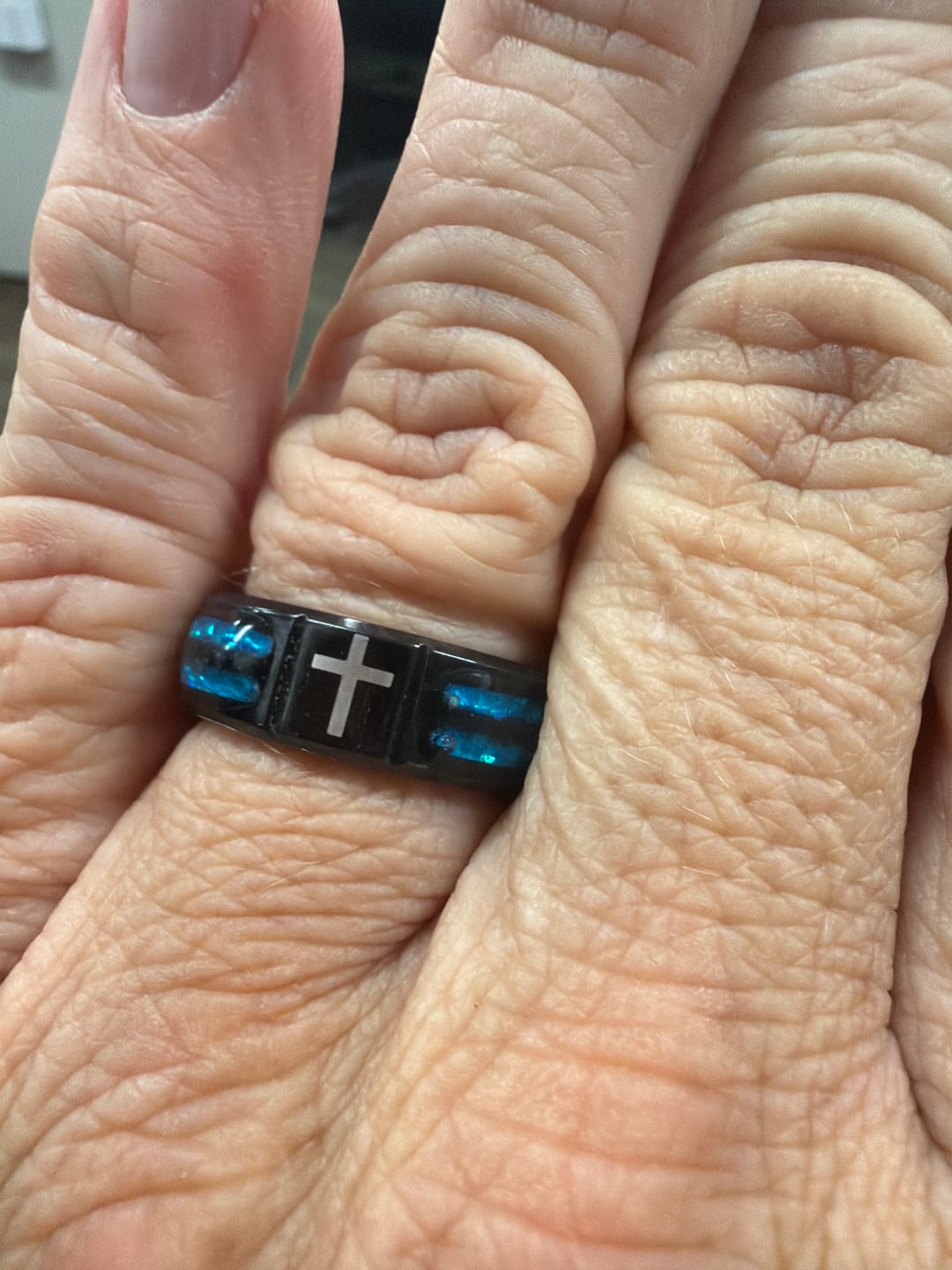 Customer photo review of FREE Today: Modern Titanium Steel Cross Ring with Laser Blue Inlay: Serenity in Christ's Blue Light