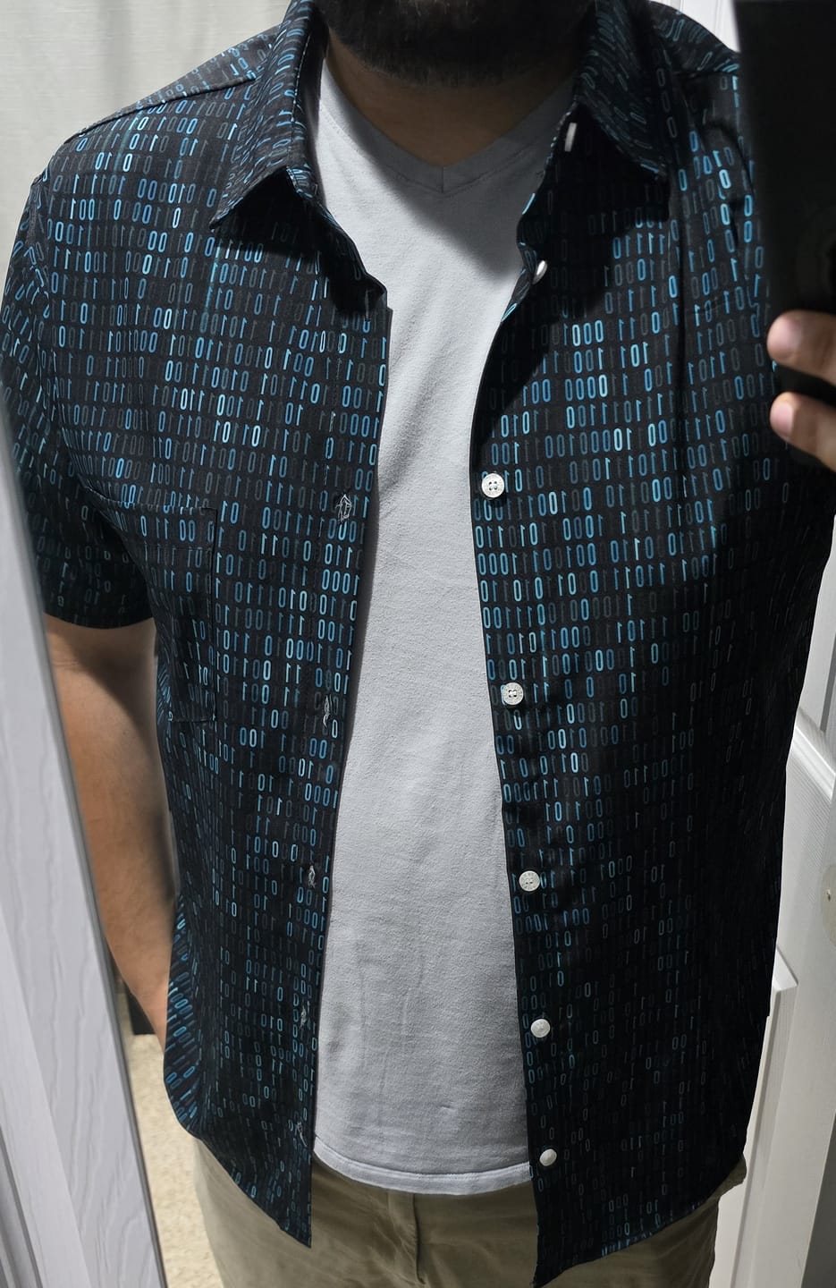 Customer photo review of Binary Computer 1s and 0s Teal Black Button Up Shirt