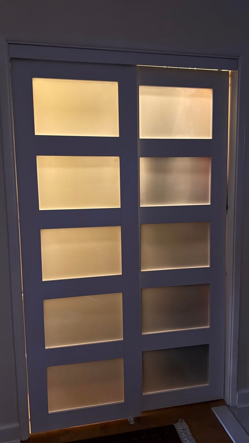 Customer photo review of TENONER White MDF 5-Lite Frosted Glass Single/Double Sliding Closet Door for Bedroom, Closet, and Living room - Easy Assembly