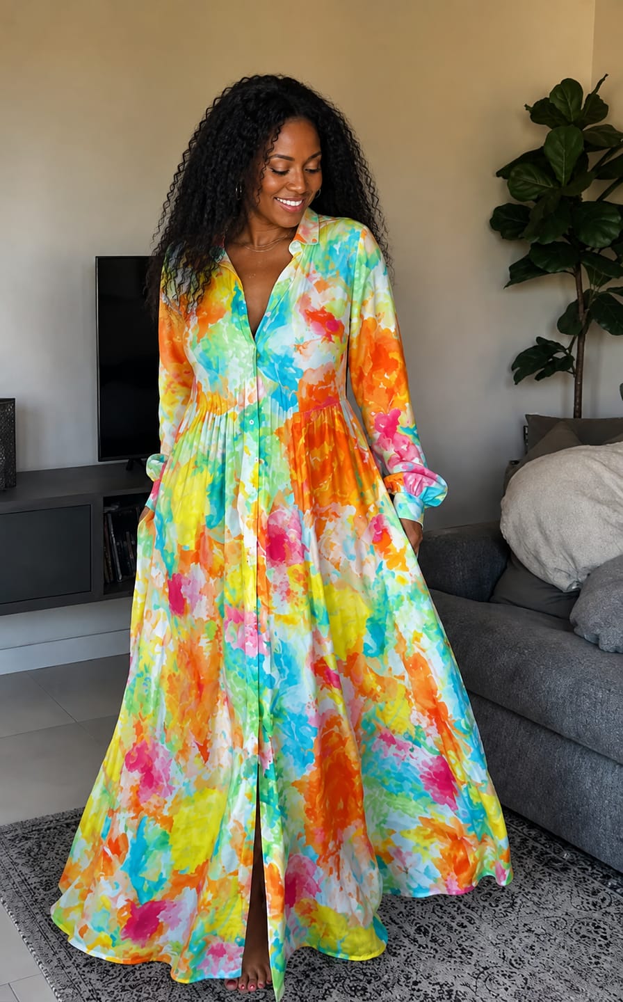 Customer photo review of Long Sleeves Buttoned Contrast Color Pleated Pockets Printed Lapel Maxi Dresses Shirt Dress