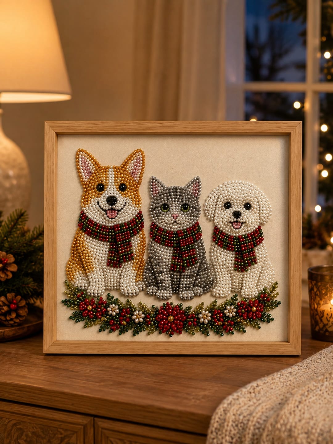 Customer photo review of Personalized 3D Pearl Art DIY Kit – Custom Pet Christmas Portrait with Festive Scarf, Handmade Holiday Wall Decor Gift for Pet Lovers