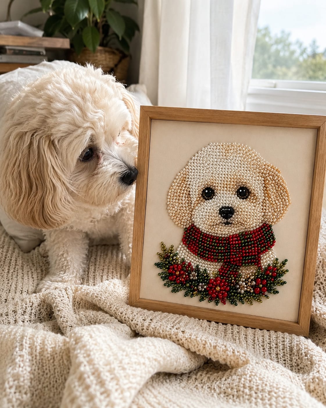 Customer photo review of Personalized 3D Pearl Art DIY Kit – Custom Pet Christmas Portrait with Festive Scarf, Handmade Holiday Wall Decor Gift for Pet Lovers