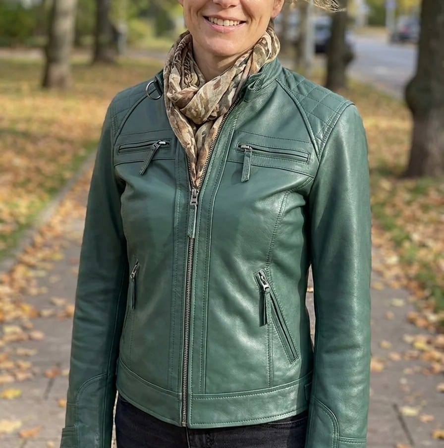 Customer photo review of Women Green Diamond Cafe Racer Real Leather Jacket