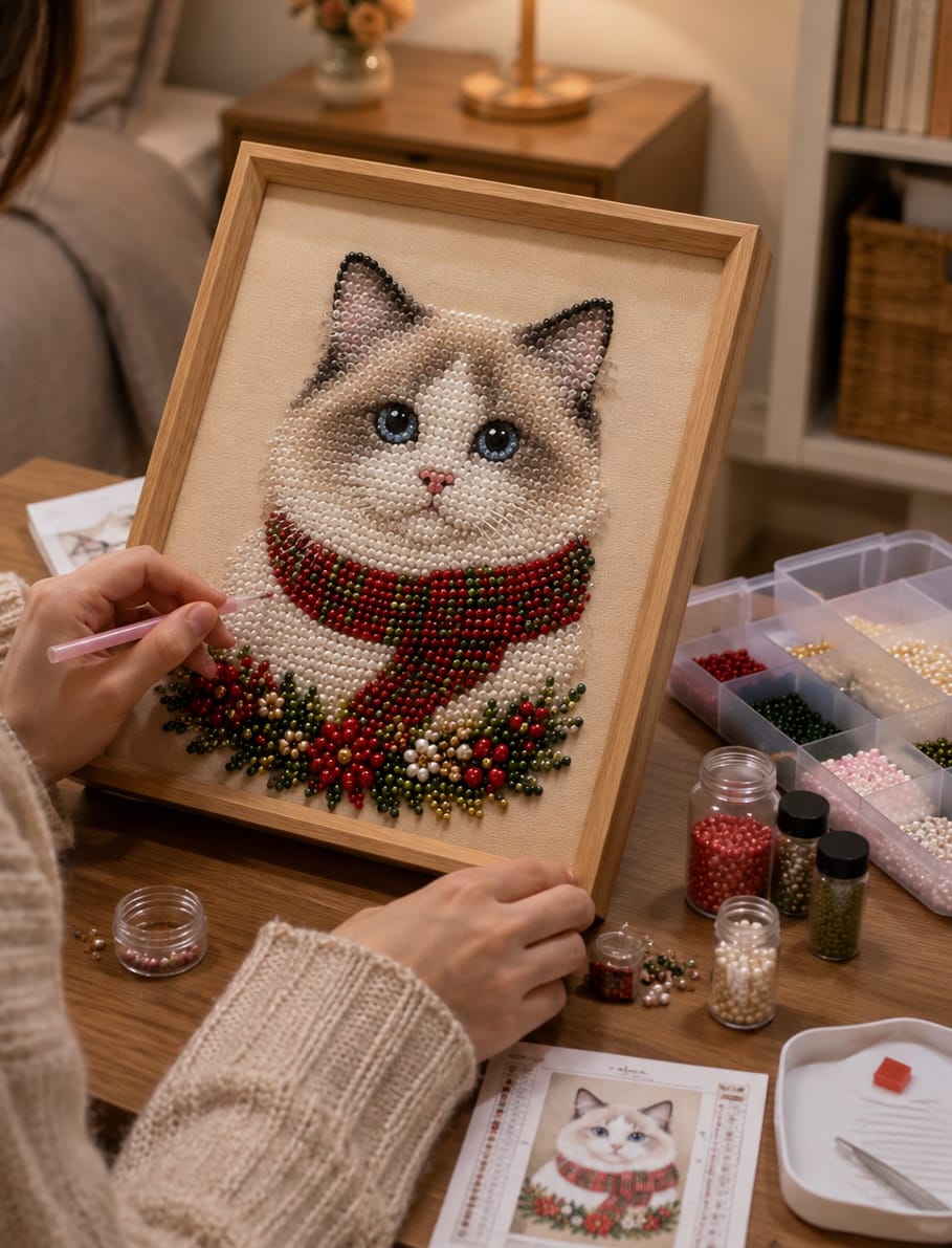Customer photo review of Personalized 3D Pearl Art DIY Kit – Custom Pet Christmas Portrait with Festive Scarf, Handmade Holiday Wall Decor Gift for Pet Lovers