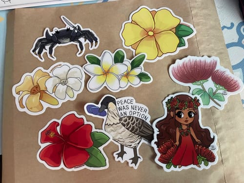 Customer's collection of colorful vinyl stickers from Vinyl Disorder, including floral, animal, and character designs.