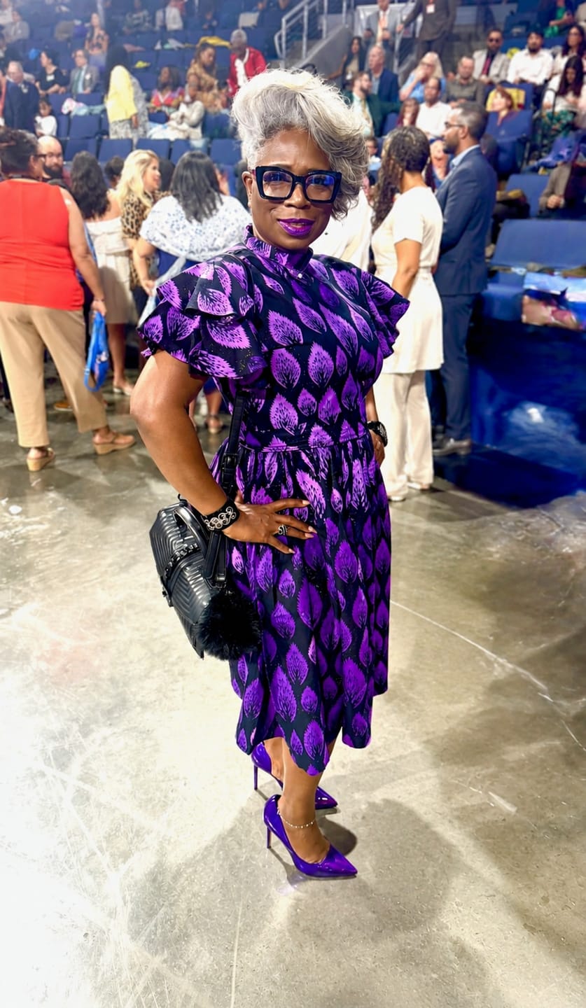 Customer photo review of VALERIE AFRICAN PRINT HIGH NECK MIDI DRESS [PURPLE]
